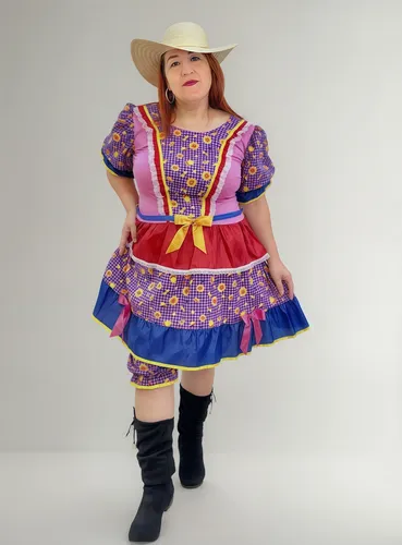 Vestido Festa Junina Arraiá Lilás Xadrez Colorido