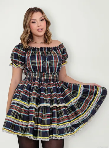 Vestido Quadrilha Adulto Xadrez Junino Festa Caipira Luxo