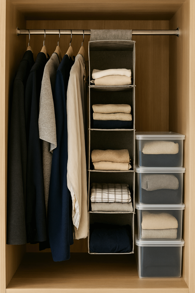 Guarda-roupa com organizadores suspensos e caixas transparentes empilhadas