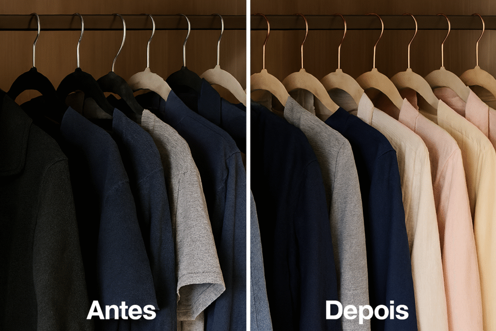 cabides de veludo com roupas penduradas de forma uniforme