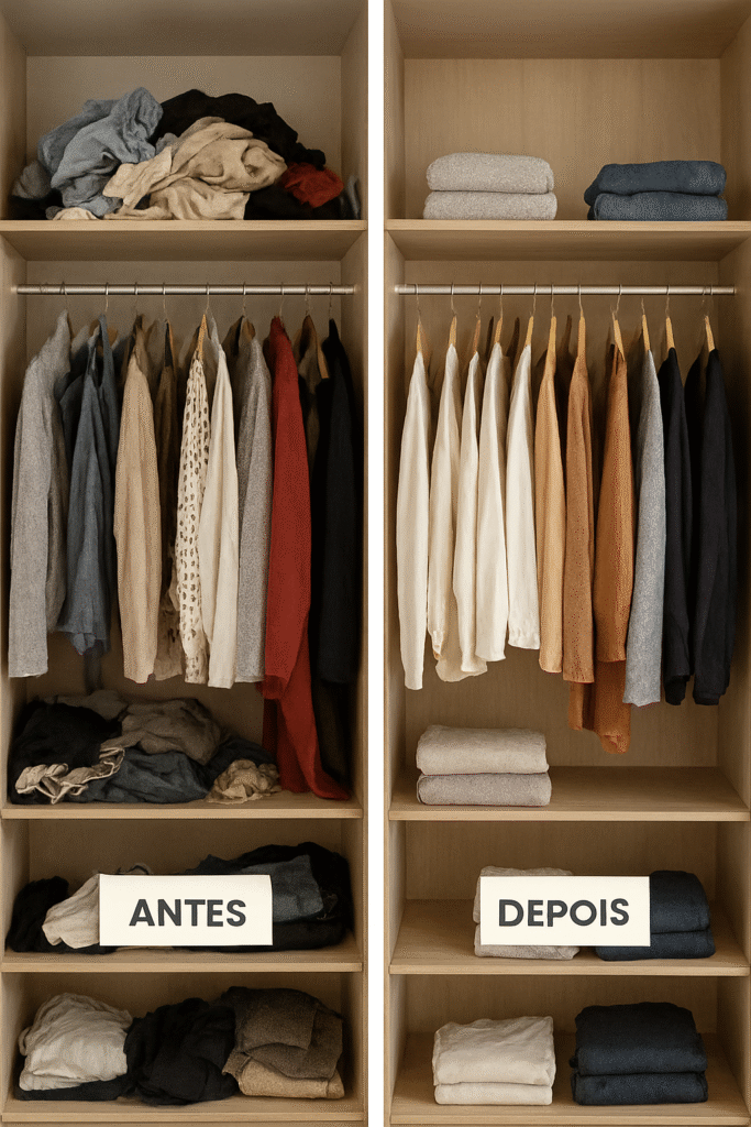 antes e depois do guarda-roupa bagunçado vs organizado
